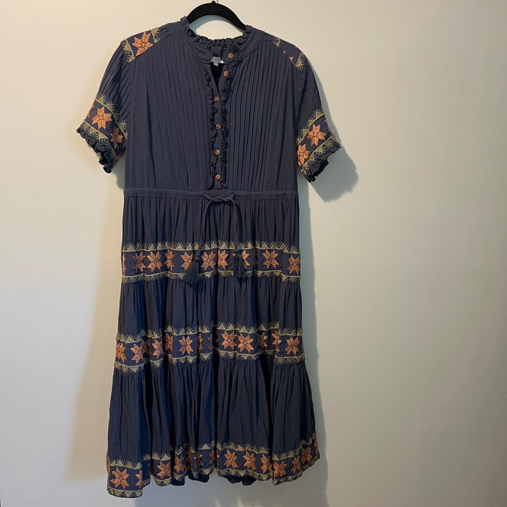 Ivy City Co Navy Blue Embroidered Cotton Gauze Tiered Midi Dress Boho Womens L